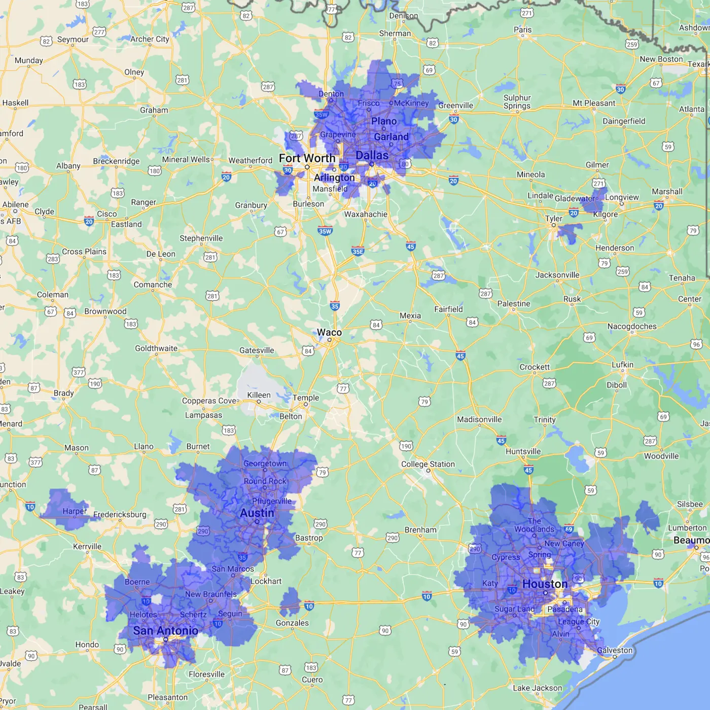 Service area of Blue Science Pools, Texas pool contractors